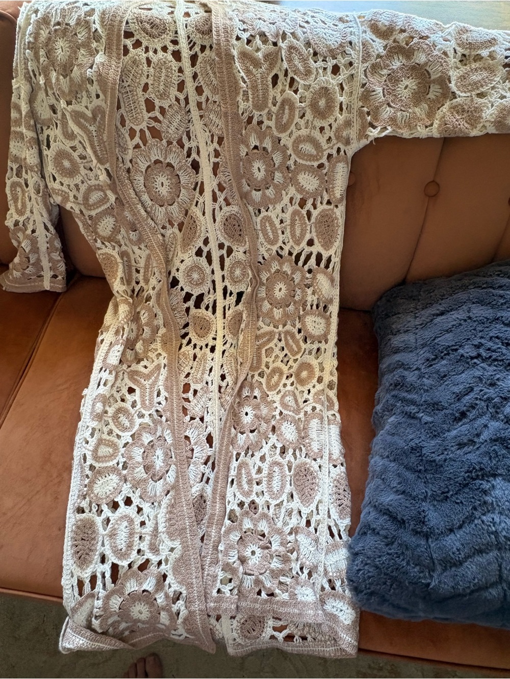 POL Openwork Crochet Long Cardigan - Cream